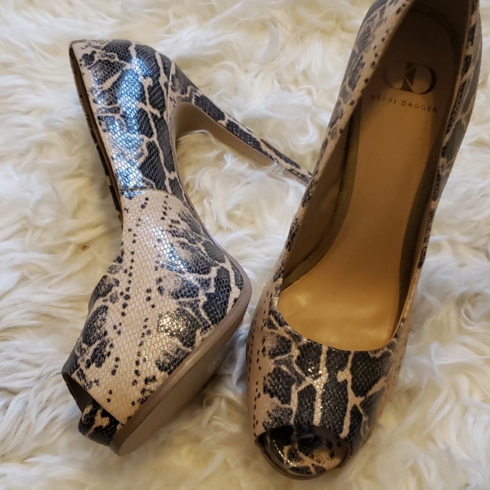 KELSI DAGGER Snakeskin open toe pumps